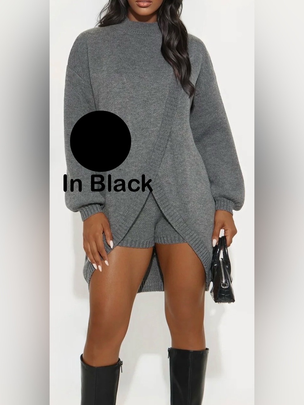 Size Large Black Crewneck Crossover Wrap Hem and Matching Knit Shorts